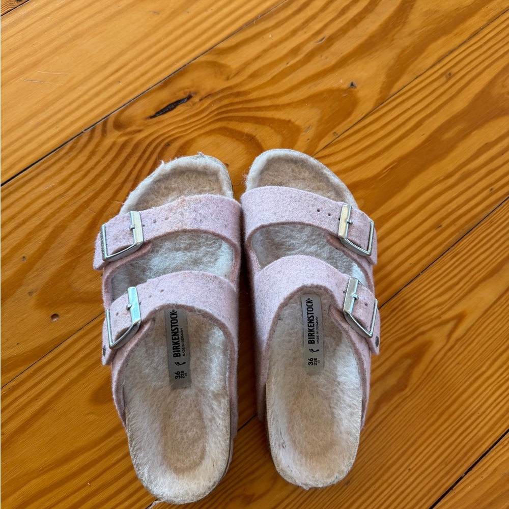 Birkenstock Arizona Rivet Shearling Wool Felt Sandals Soft Pink 36 - Picture 5 of 7
